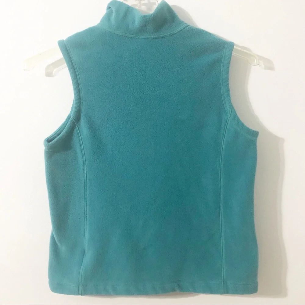 Lands’ End Zippered Front Fleece Vest Mock Turtleneck Side Pockets Blue/Green